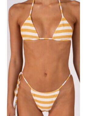 SAME Los Angeles Bikini Set 2pc M Yellow White Striped Triangle Top Tie Side Bot